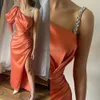 Urban Sexy Dresses Sexy Prom Dresses with Slit One Shoulder Sheath Party Dress Ankle Length Ruched Satin Formal Evening Gowns 24410