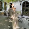 Urban Sexy Kleider Vintage Koreaner V-Ausschnitt Falten-Maxi-Kleider für Frauen Damen Party Fransen Spitze Puffhülle Rüschen Lady Dreses Eleganter Sommer 24410