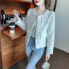 Hdspq Elegant Striped Cropped Jackets Women Autumn Long Sleeve Tweed Jacket Woman Korean Style O Neck Coats Outwear Ladies 240401