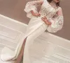 2020 White High Neck Celebrity Evening Dresses Appliques Long Sleeve Mermaid Prom Dress Formal Sexy Front Split Party Gowns8670943