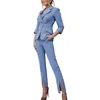 Polished and Professional European American Style Women's Slim Fit Waistline Professional Casual Pantsuit Made with Healthy Fabric In Cyan or Light Blue AST88984