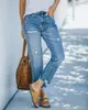 Jeans femininos Lavagem reta Blue claro rasgou nove centavos