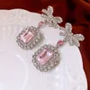 Sterling Sier Crystal Water Diamond Square Bow Korean Light Internet Red Charm örhängen Halsband Set för kvinnor