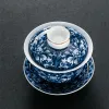 Luxueuse tasse de thé en céramique gaiwan à la main the tureen bol chinois en porcelaine bleu et blanc accessoires de civil