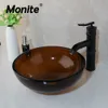 Monitgrau Temperierte Badezimmer Glas Waschbecken Runde Waschbecken Set 4 Farben Glas Waschbecken Orb Bambus Wasserfall Badezimmer Wasserhahn mit Pop -up -Abfluss