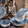 Bols de porcelaine bleu et blanc de table de table de table de style japonais ensemble pour le petit déjeuner à la maison Assiettes en céramique et bols Gift