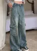 Articles de jeans pour femmes Poches de gradient tendance 2024 printemps vintage mode hauteur pantalon denim droit femelle 33a1187