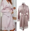 Nouveau style en dentelle satin patchwork nightgown kimono robe à manches longues sexy en dentelle complète en dentelle de bain de peignoir intime lingerie