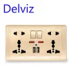 Delviz International Universal 5 Hole Socket、USB充電器ポート、AC110V-250V、EU Standard Wall Power Socke Dual USBスイッチアウトレット