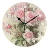 Vintage Shabby Floral Printed Silent Wall Clock Round 25cm Kitchen Clock Chic Pink Rose Flower Quiet Desk Clock For Living Room