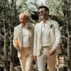 Erkekler için Bej Takımları İnce Yaz Notch yaka keten 2 adet blazerpants resmi gündelik iş kıyafetleri moda düğün smokin 240407