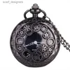 Pocket Watches Antique Vintage Hollow Black Gear Hollow Quartz Pocket Necklace Pendant Clock Chain Mens Women Y240410