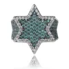 Nouveau Iced Out Full Cumbic Zircon Franklin Mint Green Gemstone Gem's Hexagonal Star Gold Ring Hiphop Bijoux Gift244C