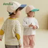 Amila Kinder T-Shirt 2022 Herbst Neu süßer runder Hals Streifen Baby Top Casual Jungen und Mädchen Kleidung Mode