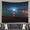 Lighthouse Decor Tapestry Long Woodwalk vers le phare de nuit au bord de la mer au coucher du soleil Art mural suspendu couvertures murales de dortoir