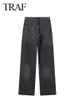 TRAF Women Fashion Blue Denim Jeans Solid Long Pants Vrouw veelzijdig met metalen rits rechte baggy broek streetwear 240410