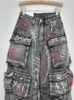 Women's Jeans High Waist Multiple Pockets Graffiti Grey Straight Wide Leg Cargo Denim Pants 2024 Summer Fashion 29L6615