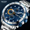 Mujeres de pulsera Megir Men's Blue Dial Chronograph Quartz Relojes de moda de acero inoxidable Análogo para hombre Luminoso Hands 2075g-2