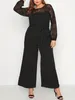 Plus Size Sports Jumpsuit Womens Solid Contrast Mesh Long Sleeve Round Neck Wide Leg With Belt 240410