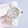 Klasyczny wielofunkcyjny kalendarz numer Watch Biała Mother of Pearl Shell Ceramics zegarek Sapphire 12-seria Kwarcowy Zegar czarny pasek ceramiczny zegarki 33 mm