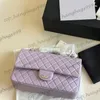 25cm Designer clássico Calfskin Double Flap Purple Bags Purple Chain Silver Crossbody Bolsas de ombro de crossbod