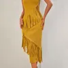 Casual jurken sexy kwastjes gele bodycon bandage prom jurk voor vrouwen elegante mouwloze beroemdheid avondfeest slanke vestidos jurk