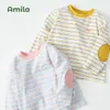 Amila Çocuk T-shirt 2022 Sonbahar Yeni Sevimli Yuvarlak Boyun Çizgili Bebek Üstü Sıradan Erkekler ve Kızlar Giysileri Moda