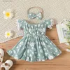 Robes de fille 2pcs bébé fille 100% coton crêpe en crêpe imprimé floral de pom pom pom détaille de robe à manche courte ensemble l47