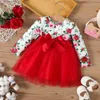 Girl's Dresses Baby Girl Allover Rose Floral Print långärmad skarvad båge Front Mesh Dress L47