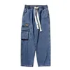 Jeans Man Autumn Long Trousers Hip Hop Denim Work Pants With Big Pockets Vintage Men's Casual Loose Cargo Jeans Drawstring