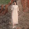 エスニック服夏のチョンサム中国の伝統ドレス女性ファッションモダンなトランペットスリーブビンテージドレス長いベージ