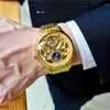 Polshorloges gouden vintage maanfase automatisch horloge voor mannen tourbillon skelet lichte handen mechanische horloges stalen band