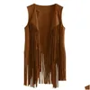 Womens Vests Women Vest Sleeveless Leather Jacket Motorcycle Tops Autumn Winter Imitation Ethnic Suede Tassels Fringe Cardigan Drop De Dhj0U