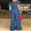 Plus Size Denim Jumpsuit Women Off Shoulder Ruffles Trousers Casual Straight Leg Wide Pants Summer Elegant Clothing 240410