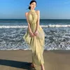 Casual Dresses Women's Summer 2024 Chiffon Stitching Mesh Dress Beach Elegant Party Vestidos Chinese Sexy Bamboo Hollow Neck Lady