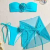 2024 Nowy trzyczęściowy strój kąpielowy Strap Bra Bra Kwiat krawat stringi seksowne plaż