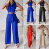 Women's Two Piece Pants 2 Pcs/Set Lady Short Vest Sleevless Lapel V Neck High Waist Wide Leg Belt Loose OL Commute Style Women Top Trousers