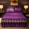 European Bed Skirt With Rubber Band Royal Style Purple Velvet Thicken Lace Bedspread Bedroom Bed Sheet Linen Pillowcases