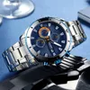 Armbandsur Megir Blue Dial Chronograph Sport Quartz Watches For Men's Fashion Rostfritt Steel Analog Male Luminous Hands