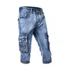 Jeans masculin cargaison courte d'été avec des poches multiples shorts en jean slim pour mâle de travail tactique bleu lavé mâle