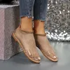 Summer Sexy Sandals Women Fashion Fishing Net Hollow Sandle Luxury Rhinestone Sandale Slip-on Flat Sandal Sexy Bohemian Beach Shoes Black Beige Big Size 36-43