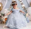 Robes de fille Blue Baby Girl Robe Tulle Flower Pearl Butter Girl Robe Afficulture pour le mariage Party Faire First Communion Robes L47