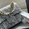 Womens Classic Mini Klappe Tweed Quadratische Witzkörperbeutel mit Perlenkettenkettenkupplungen Gold Crossbody Schulterhandtaschen Kosmetische Koffer Sack Eitelkeitsbaus 17x13 cm