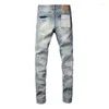 Kvinnors byxor 2024 Purple Jeans High Street Blue Ripped Distressed Fashion Quality Repair Low Rise Skinny Trousers