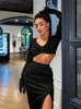 Cute Elegant Solid Black 2 Pieces Set Women Outfit Long Sleeves Crop TopHigh Waist Side Slit Skirts Matching Lady Streetwear 240329