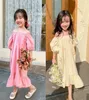 キッズ服ガールズフリルパフスリーブドレス甘い子供たちのソリッドカラーショルダープリンセスドレス