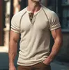 Men's T Shirts Summer Mens Vintage Short-sleeve V Neck Button-up Henley Tee Shirt Men Fashion Striped Jacquard Patchwork T-shirt Male