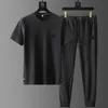 Summer Ice Silk Casual Sports Suit Mens Pleated Thin T Shirt Pants Two Piece Set Mens High Quality Breattable Tracksuit 240409