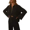 Tweedelige broek voor dames vrouwen casual slijtage pakken vaste kleur ruches trim revers knop met lange mouwen shirt tops en los brede poot 2 stks