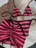 Paris Knitted Three Piece Bikini Set Lady's Luxury Skirt Striped Swimwear Designer Swimsuit Women Sexy Beachwear Fashion Bathing Suits Brand Unpadded Fast Shipping